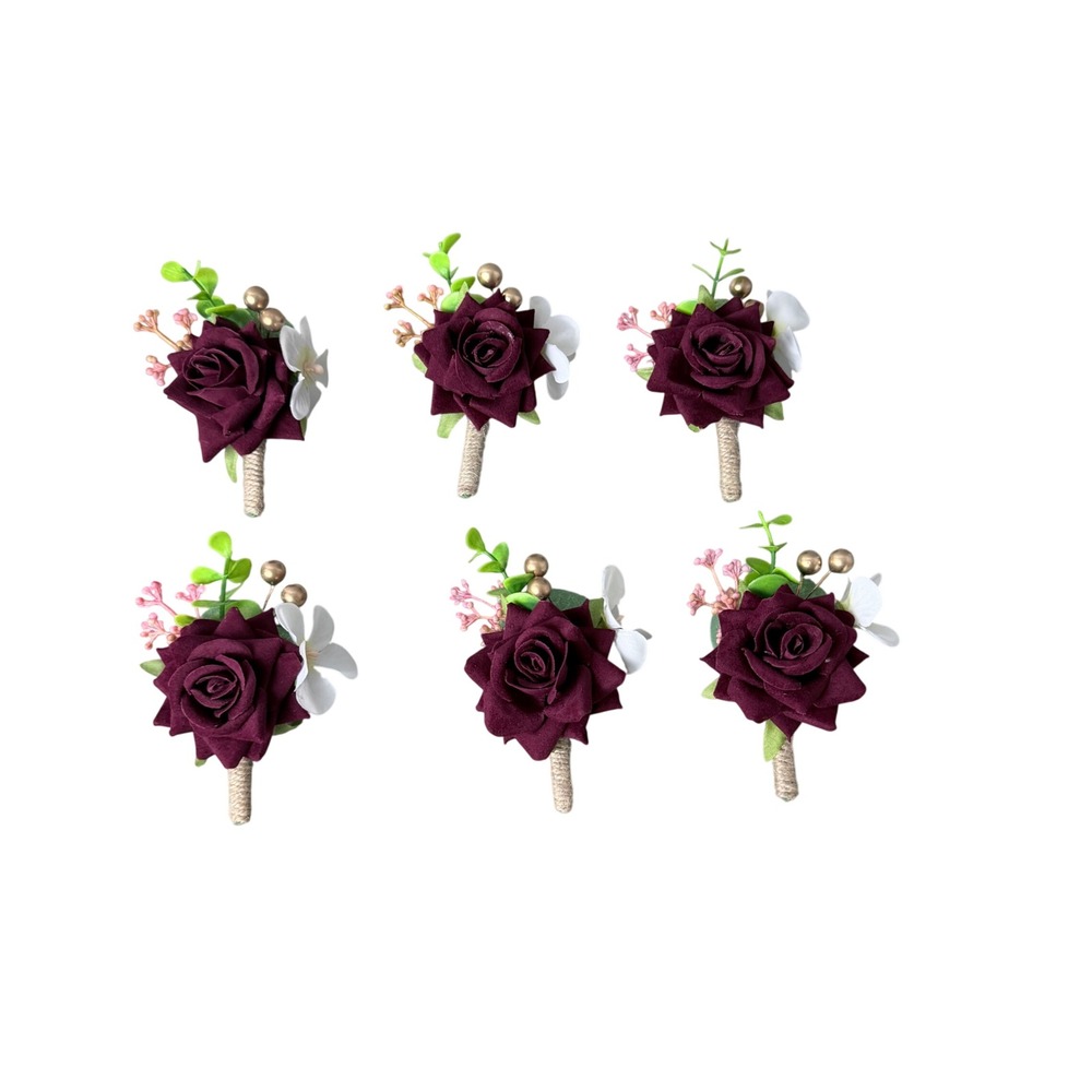 Boutonnière 6pc Burgundy Rose Gold Accents Rustic Wedding Formal Floral Groom